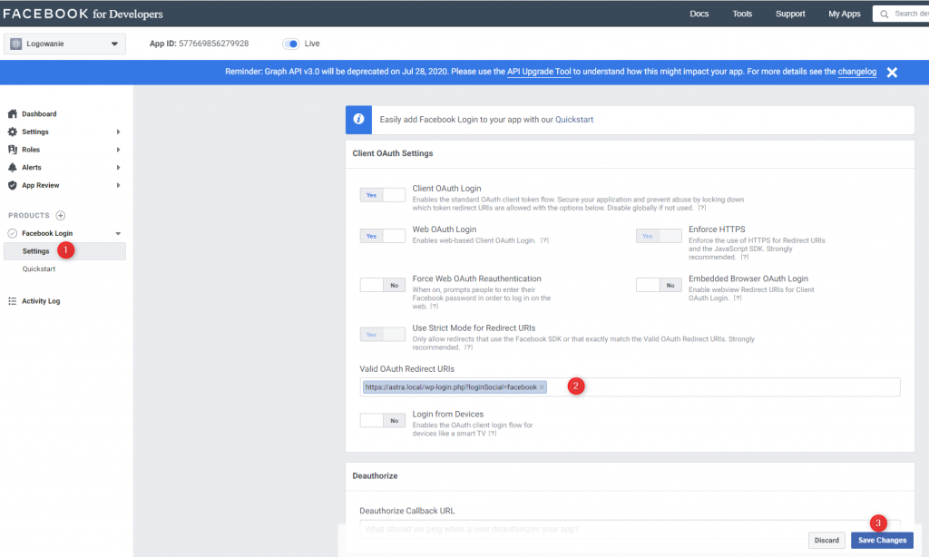 facebook login settings