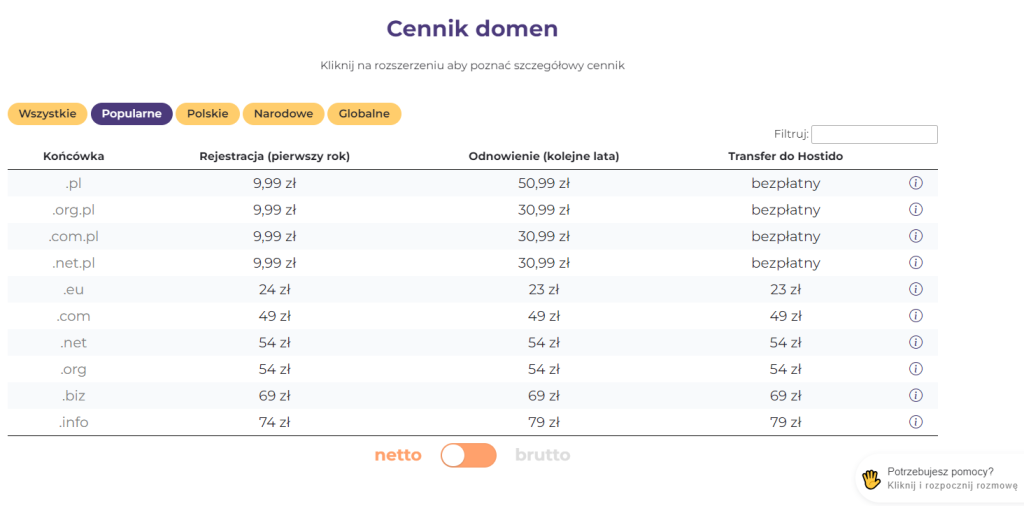 Cennik domen na Hostido