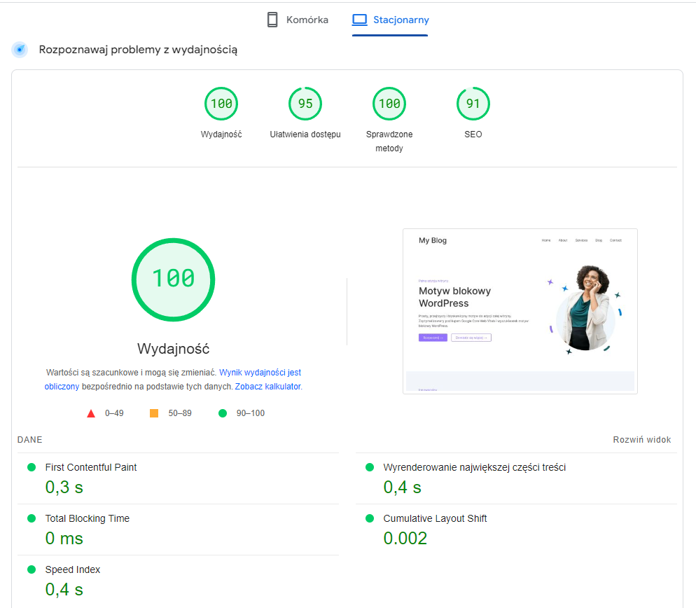 pagespeed insight na stacjonarnym